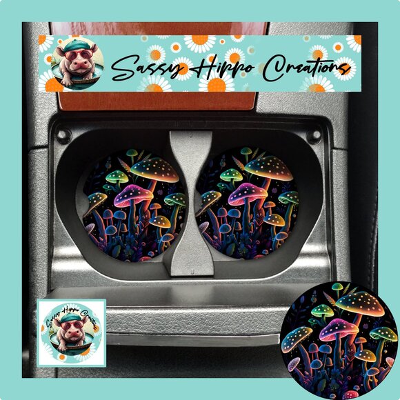 Car Coasters Colorful Neon Mushrooms Magic Set of 2 Neoprene Absorbent Sublimate - Picture 1 of 6